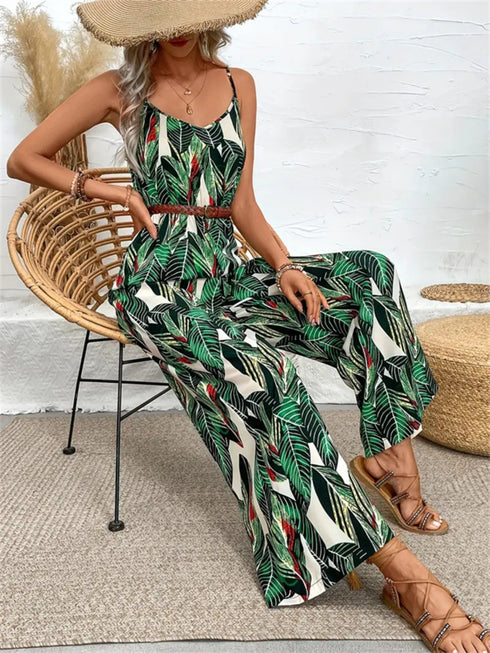 Tropical Print Spaghetti Strap Wide Leg Jumpsuit - Odaingerous